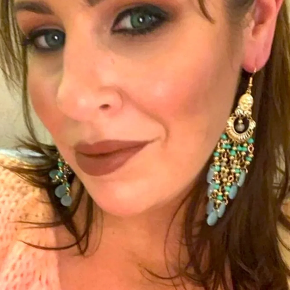 Exquisitely Exotic Hand Beaded Chandelier Earrings Blue, Green & Gold - Picture 5 of 9